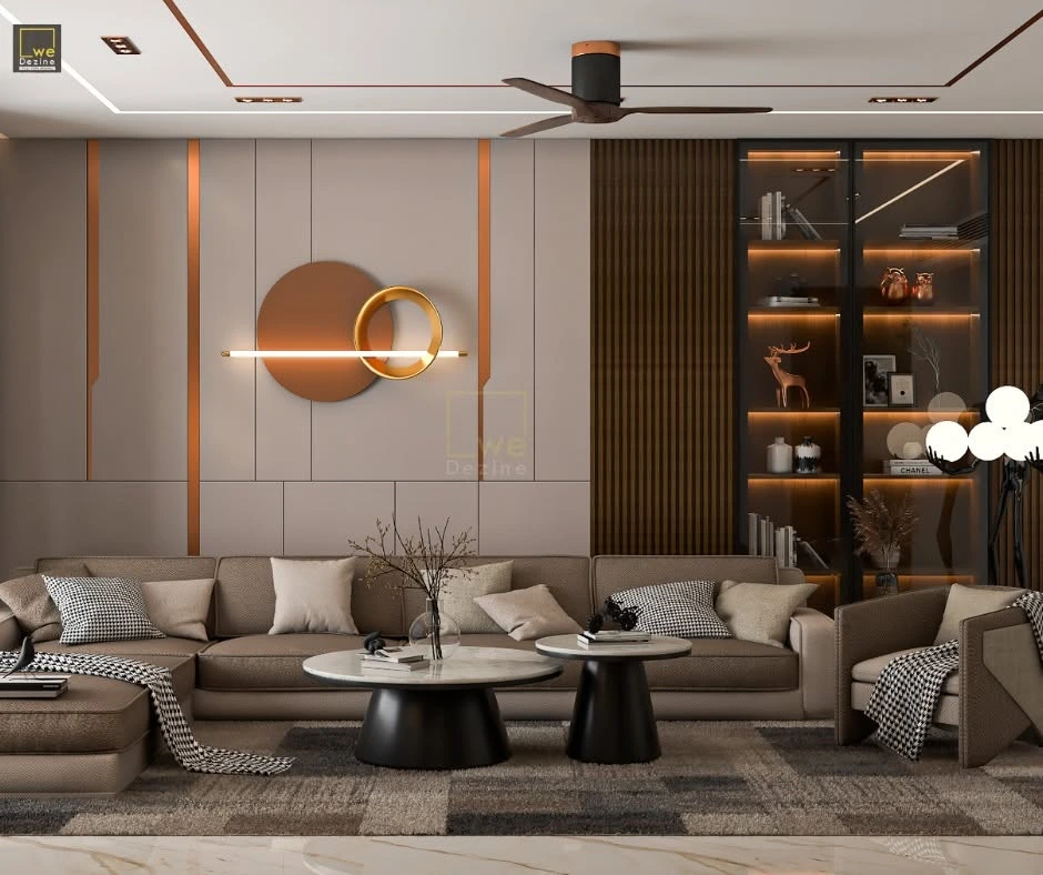 Modern luxury living room with elegant furniture and decorative wall panels.