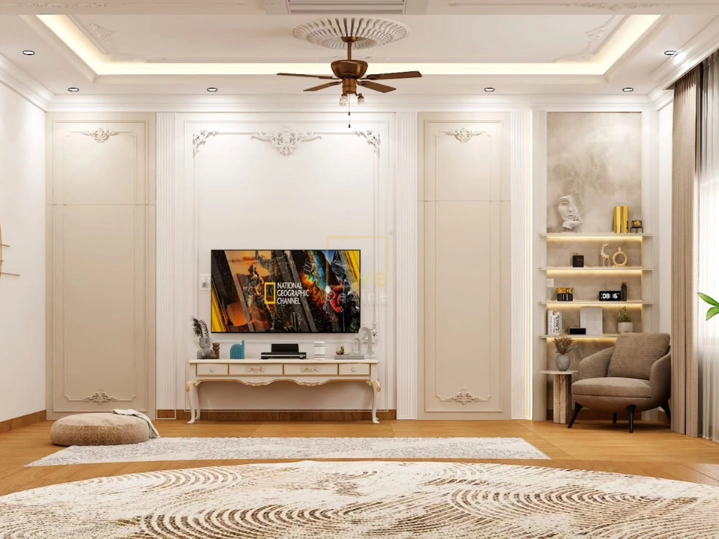 Elegant luxury living room with classic wall panelling and warm lighting by WeDezine Studio.