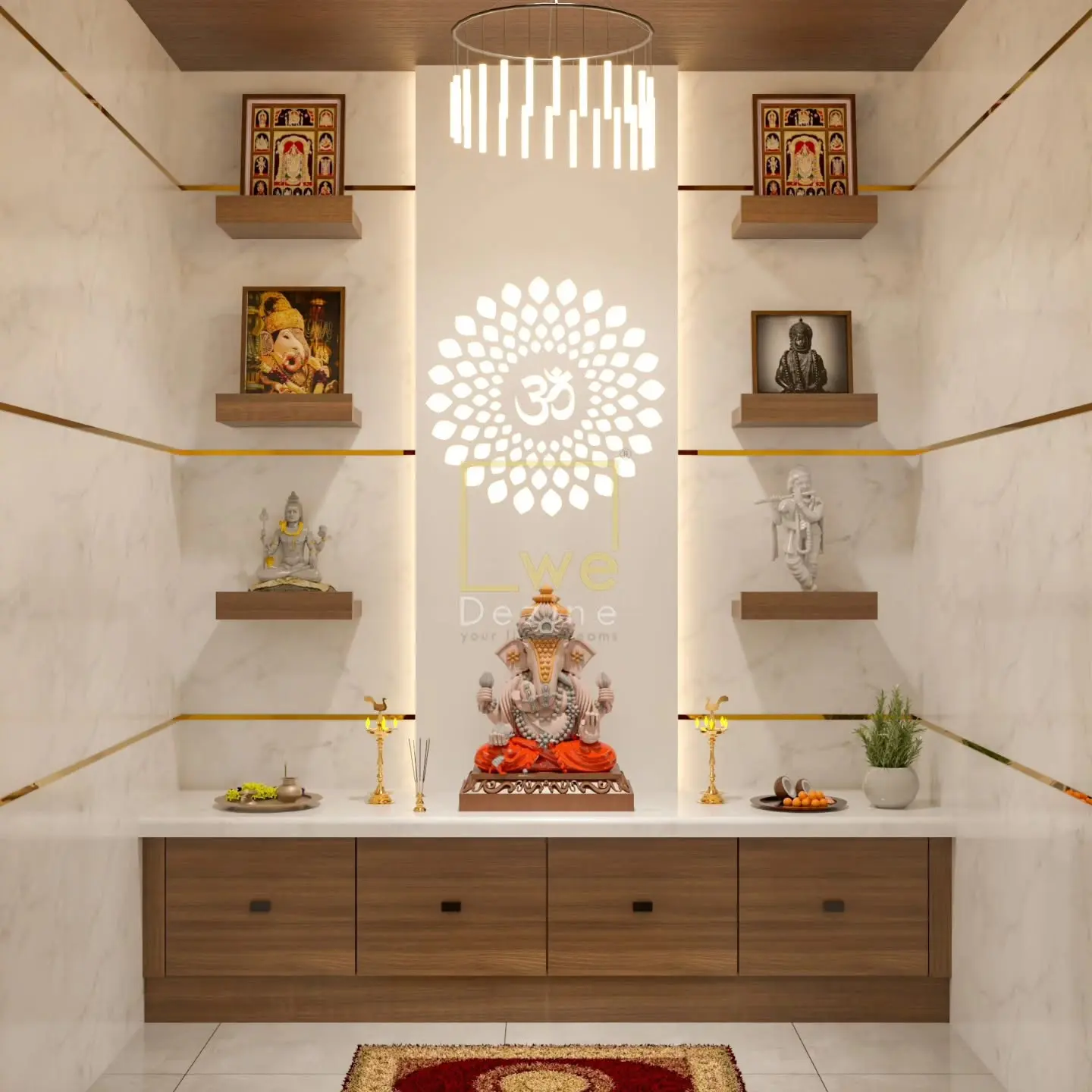 Luxury pooja room with marble backdrop warm lighting and wooden details