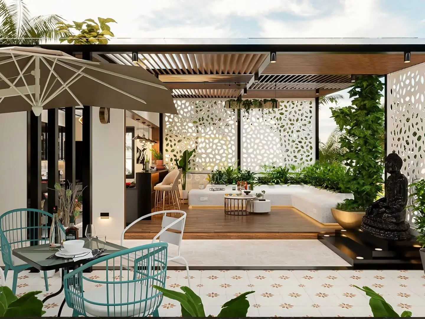 Luxury outdoor living space with wooden pergola and greenery by WeDezine Studio.
