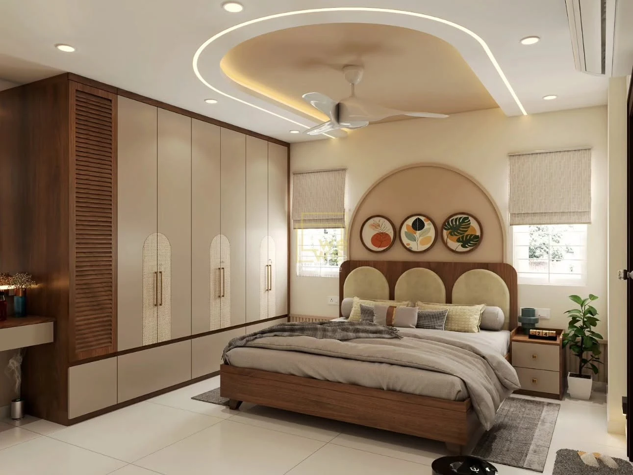 Modern beige and walnut bedroom interiors with elegant wardrobes by WeDezine Studio.