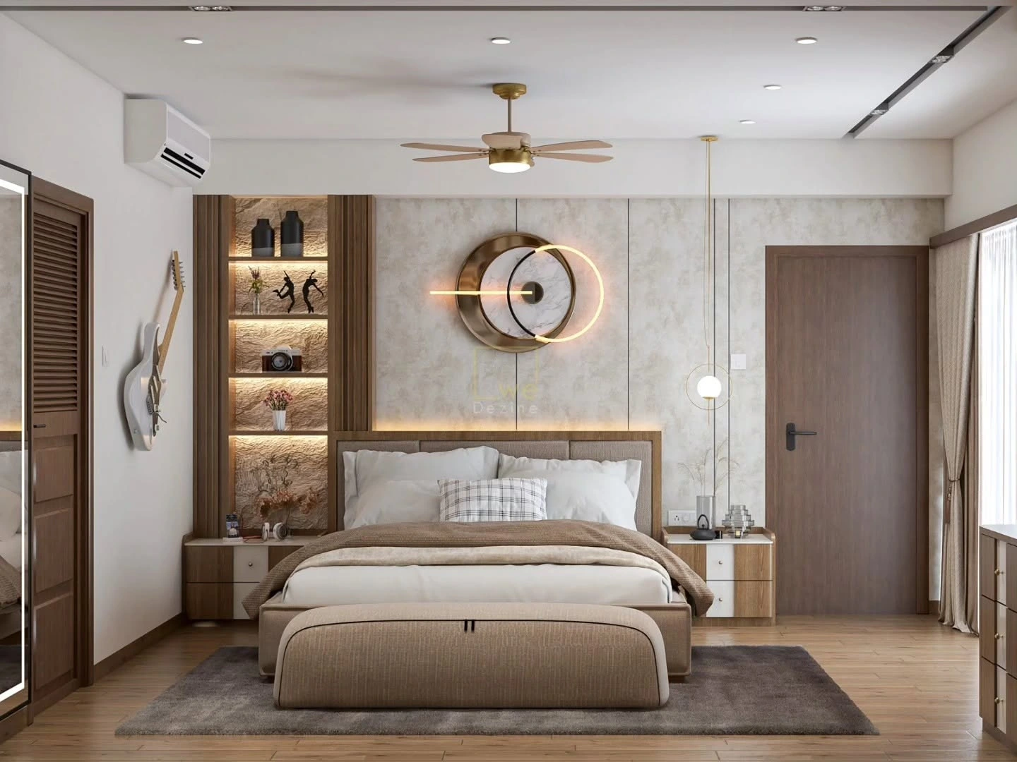 Contemporary wooden bedroom interior with elegant wall panelling and warm lighting by WeDezine Studio.