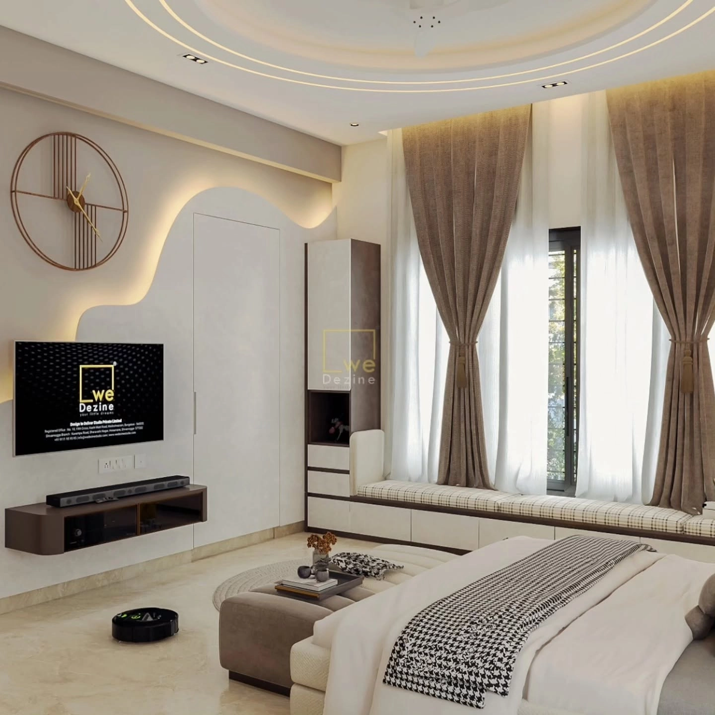 Neutral bedroom design with elegant wall panelling and warm lighting by WeDezine Studio.