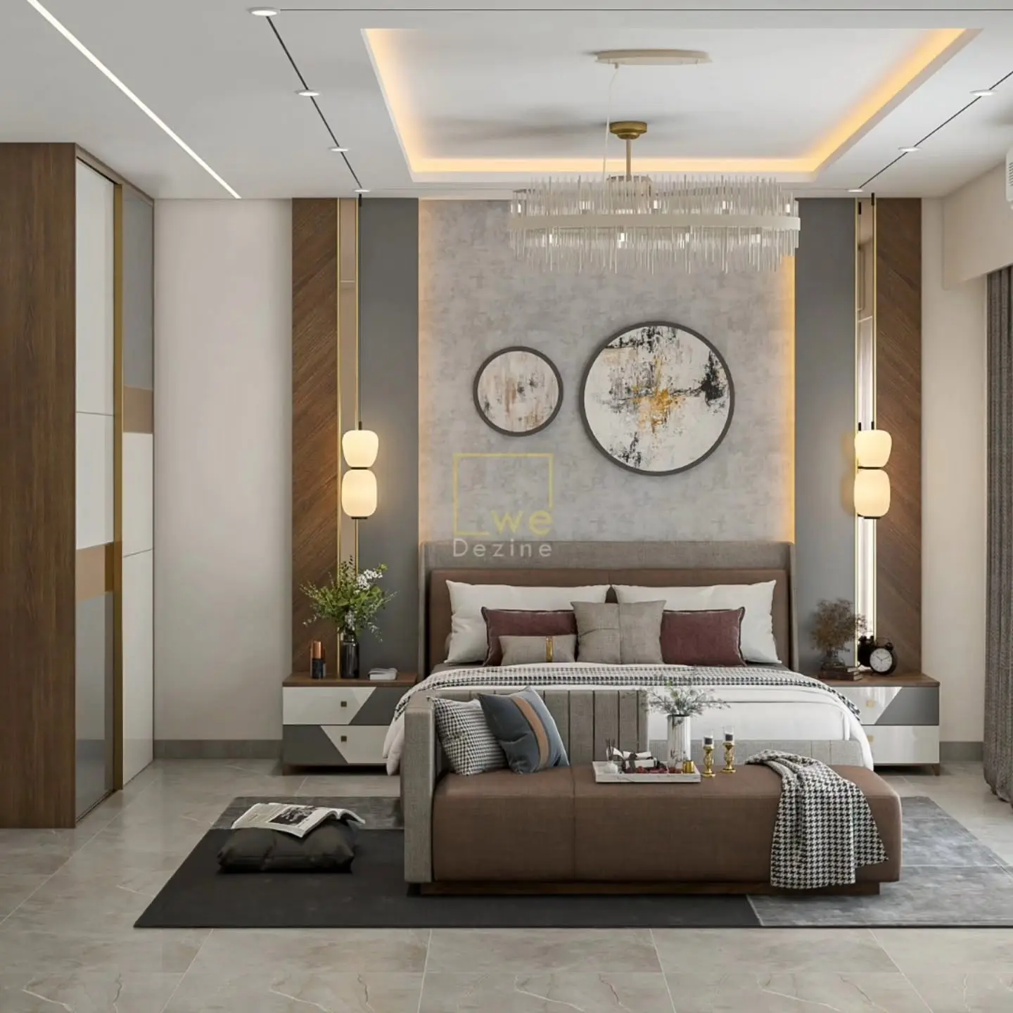 Luxury bedroom with elegant headboard and modern lighting by WeDezine Studio in Shimoga.