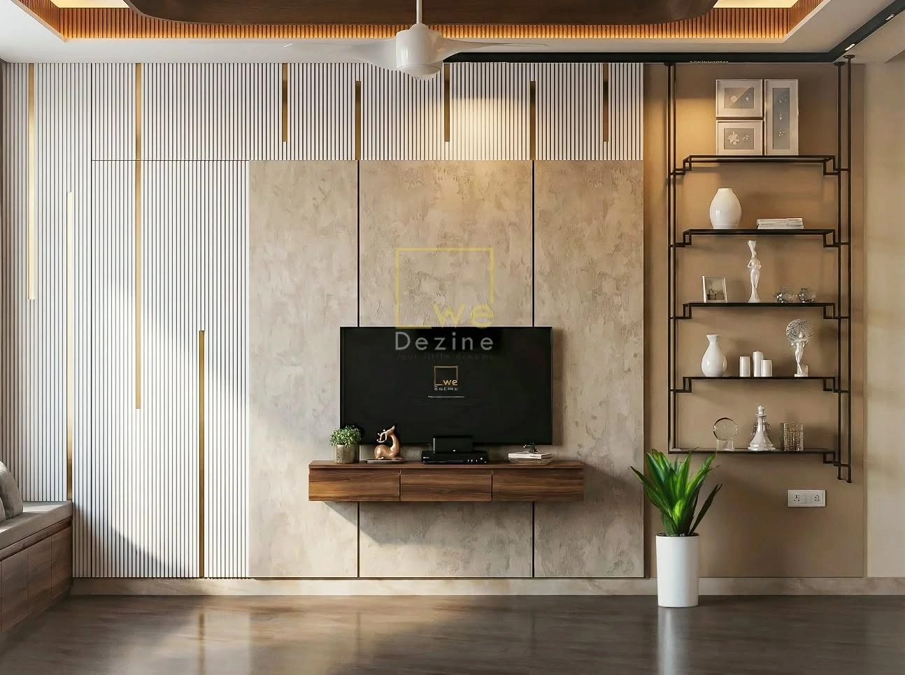 Modern luxury living room with an elegant TV unit and decorative entrance partition.