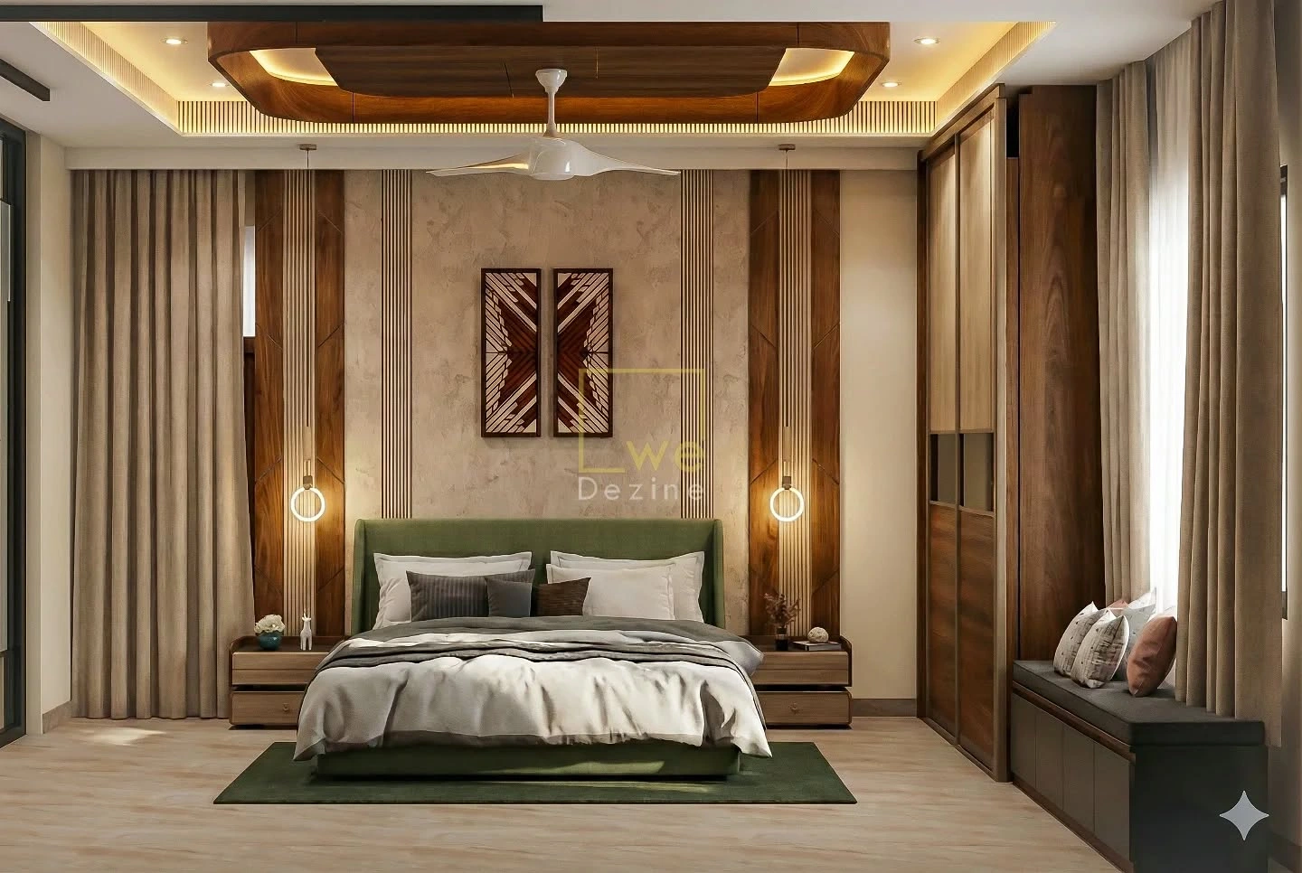 Luxury master bedroom with wooden wall panels, upholstered bed, and ambient lighting.