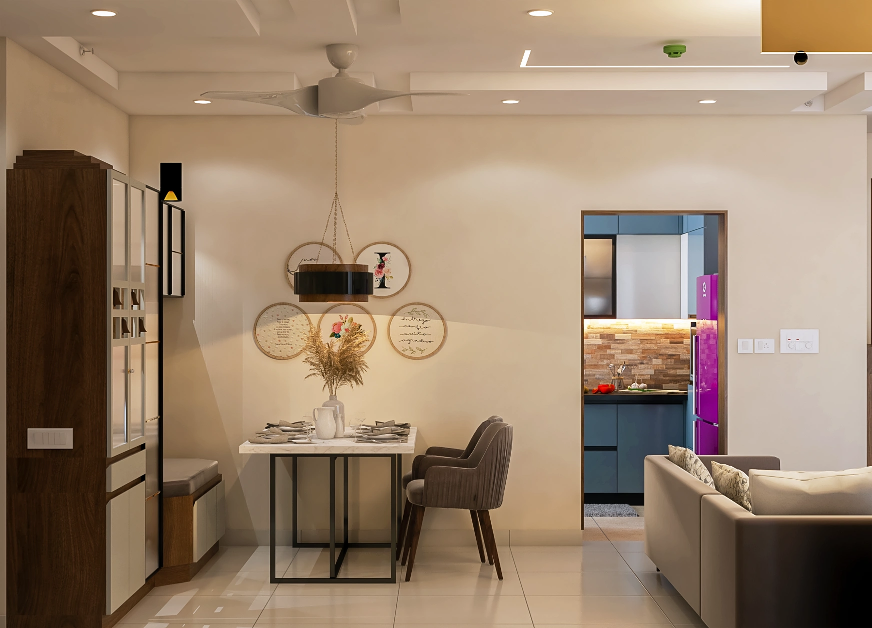 Modern dining room interior with elegant furniture and warm lighting by WeDezine