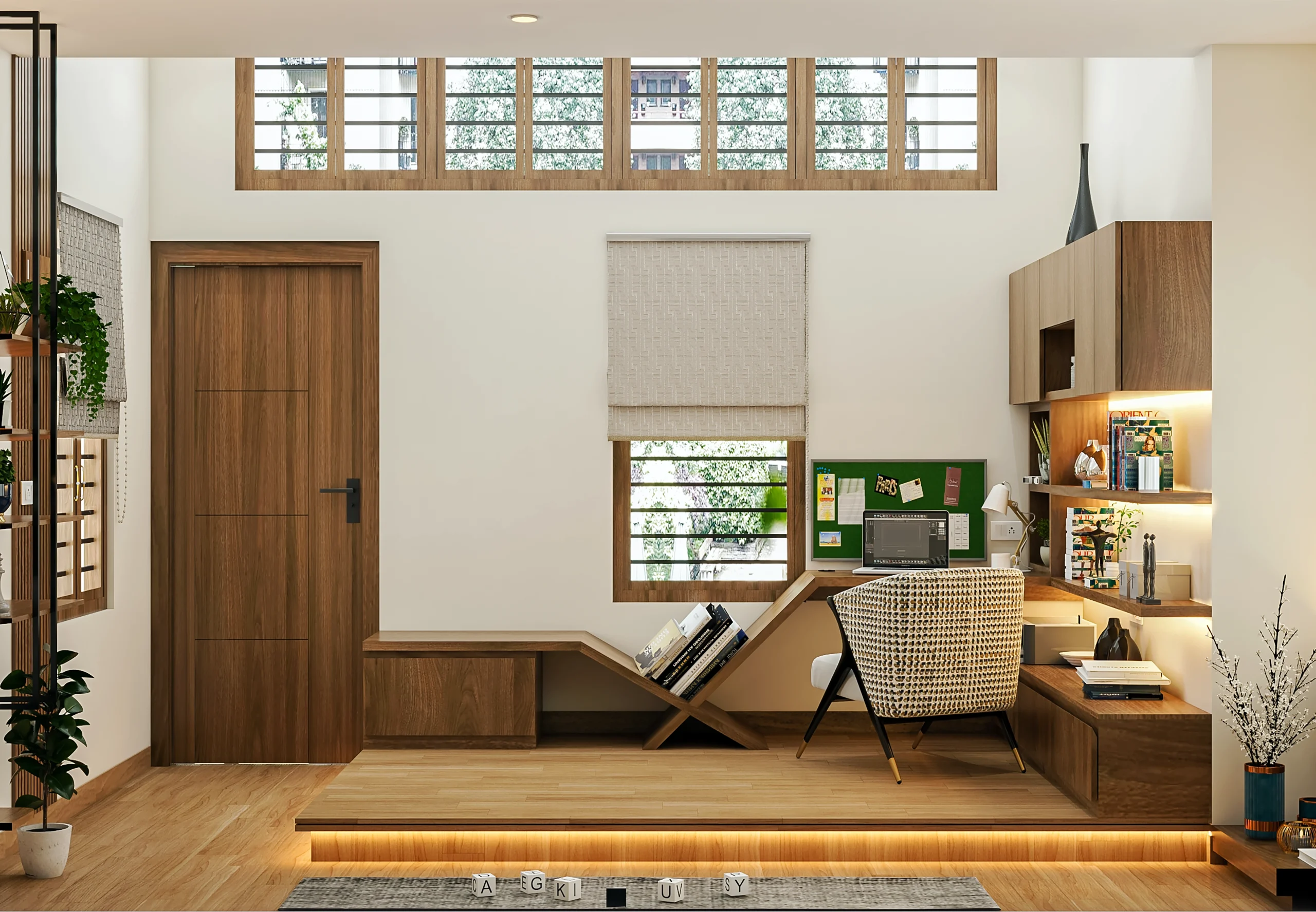 Custom bedroom interiors with wooden furniture and an integrated study unit by WeDezine Studio.
