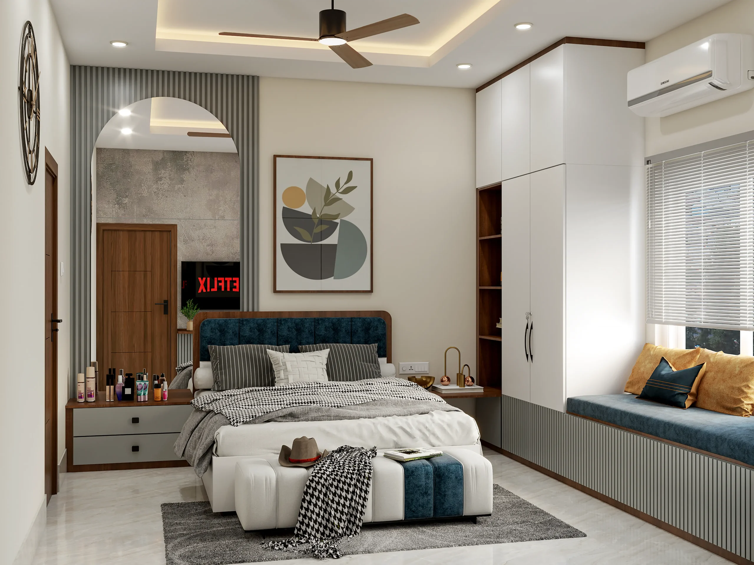 Modern bedroom interiors with custom wardrobes and elegant lighting by WeDezine Studio.