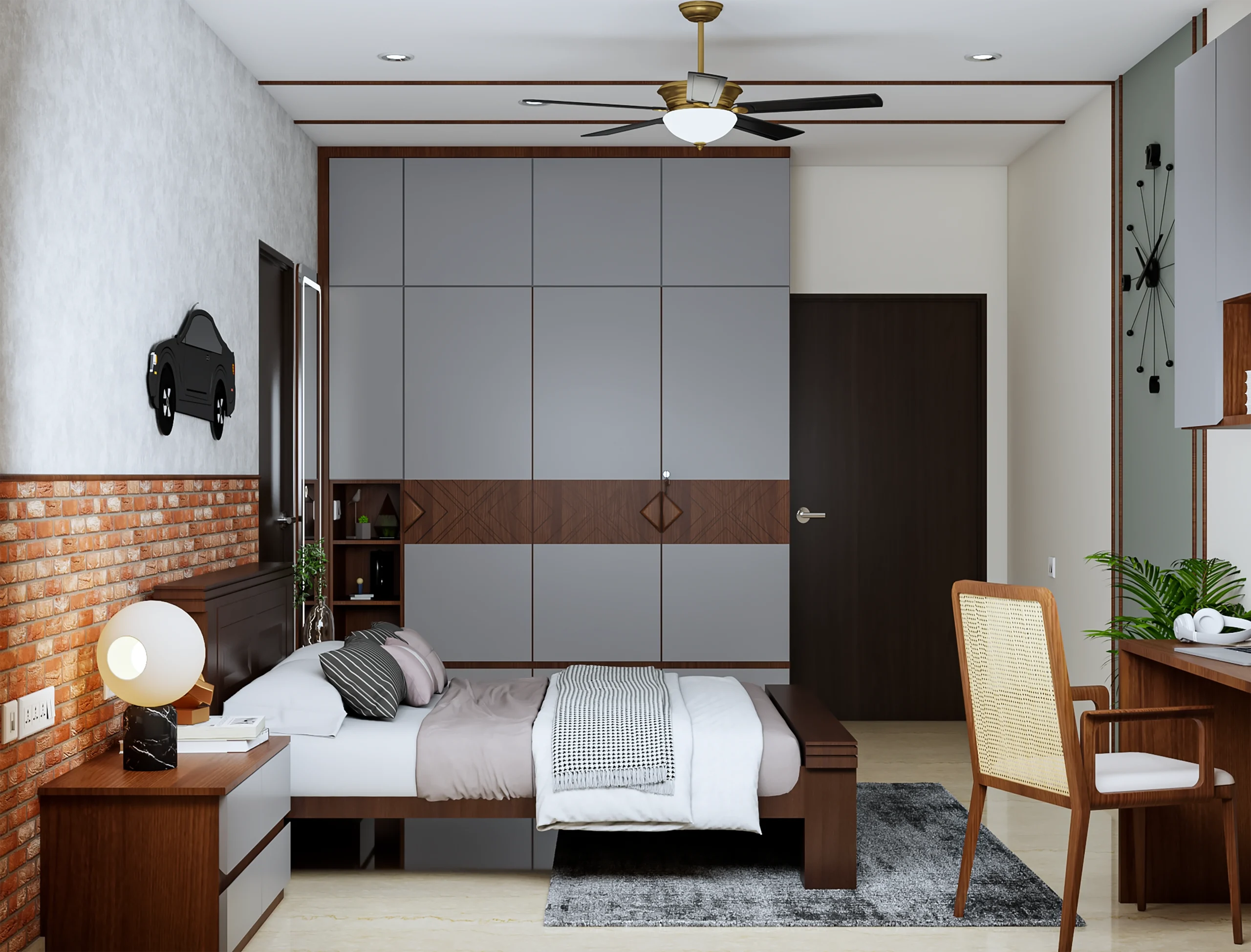 Grey and walnut bedroom interiors with modern wardrobes and wooden accents.