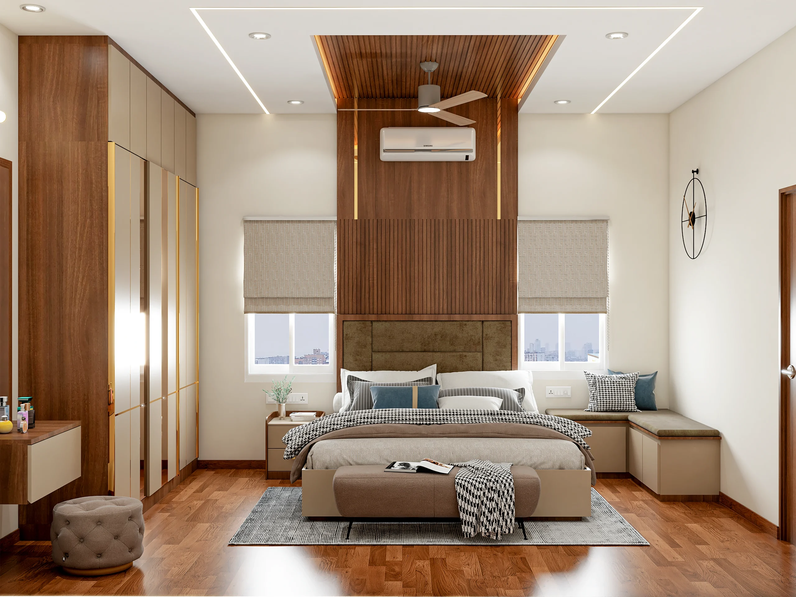Serene modern bedroom interior with elegant furniture and warm lighting.